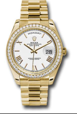 Replica Rolex Yellow Gold Day-Date 40 Watch 228348RBR Bezel White Bevelled Roman Dial President Bracelet